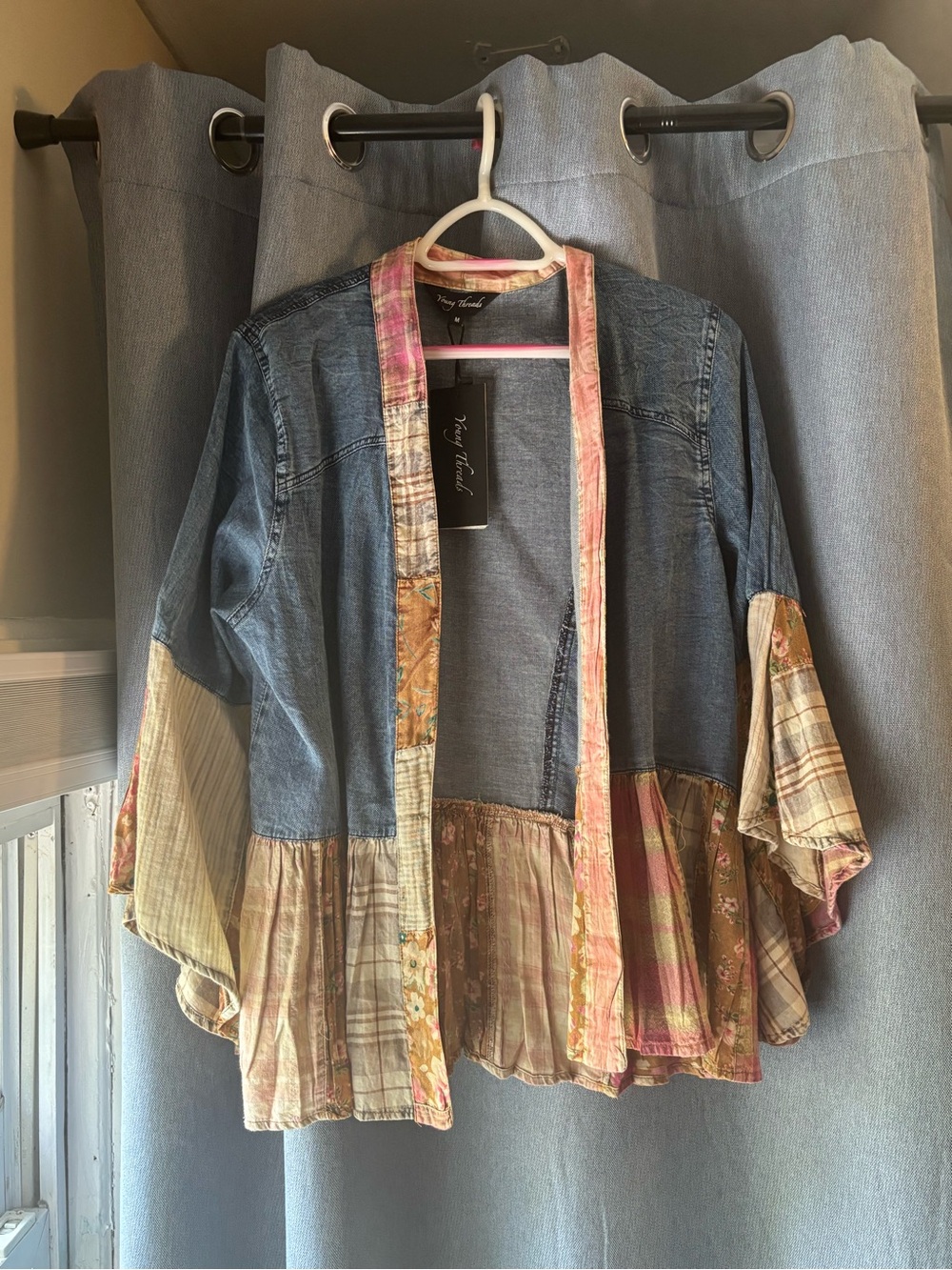 Denim Patchwork Open-Front Kimono Cardigan in Blue and Pink